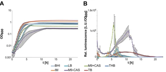 FIG 3 clbR promoter activity is dependent on growth phase and medium composition. The growth curves (A) and the corresponding relative luminescence levels (B) of the clbR promoter fusion in strain M1/5 rpsLK42R 5VNTR-pclbR-lux were compared during cultivat