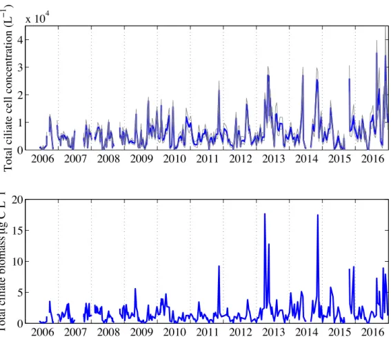 Figure 3-2: Total ciliate concentration with 95% confidence intervals (grey line) and biomass at MVCO from June 2006 - September 2016.