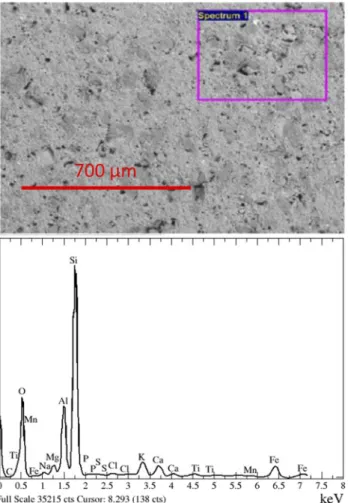 FIG. 1. SEM-EDS analysis of the surface ceramic. Top: SEM image perpendicular to the sample surface, pores correspond to black spots in the image; bottom: EDS spectrum of the ceramic.