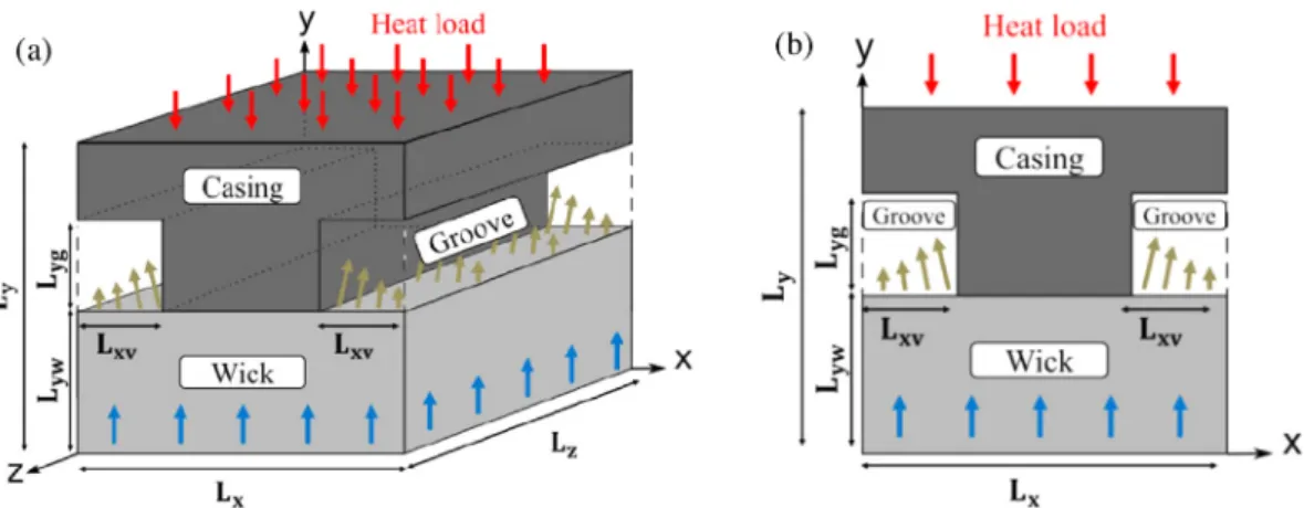 Fig. 3. Sketch of the two steady state regimes according to the vapour pocket assumption: (a) vaporization at the wick/groove interface only (low to moderate heat loads), (b) for higher heat loads vaporization also takes place within the wick