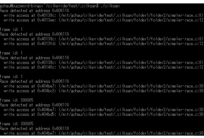 Figure 2-1: An example of output from the Cilksan race condition checker.