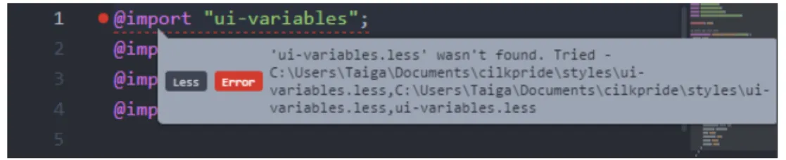 Figure 2-5: AtomLinter showing an lint error in a Less file.