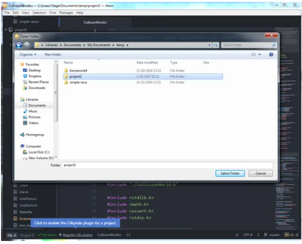 Figure 3-1: Cilkpride interfaces when creating a Cilkpride project. In the top screenshot, the user chooses a folder to register with Cilkpride