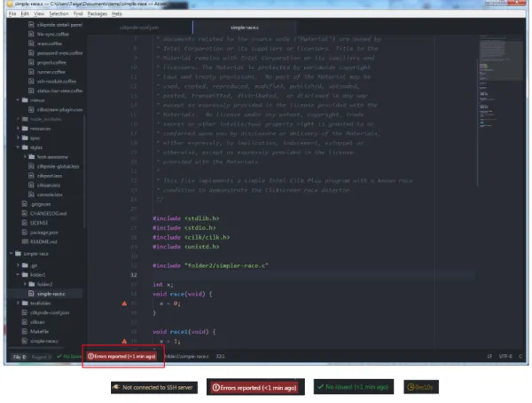 Figure 3-2: The location of the Cilkpride status bar tile in Atom. On the bottom, a few of the possible status bar indicators