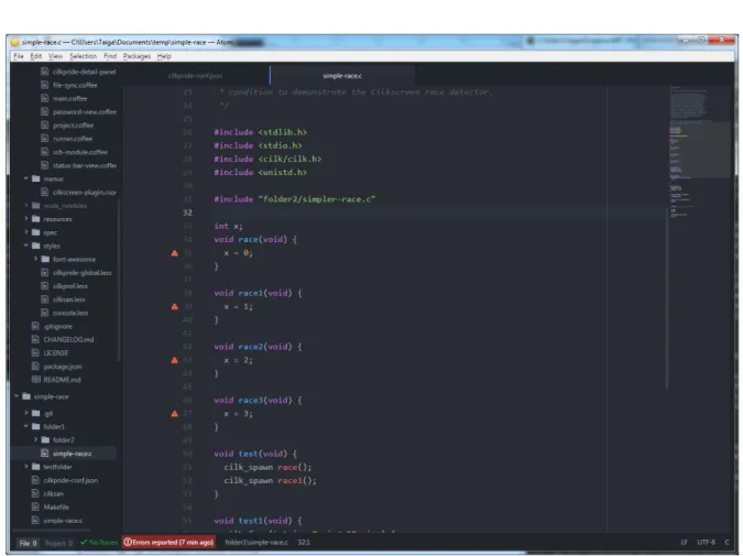 Figure 3-3: The always-on visualization for the Cilksan tool, appearing as gutter markers on the side of code.