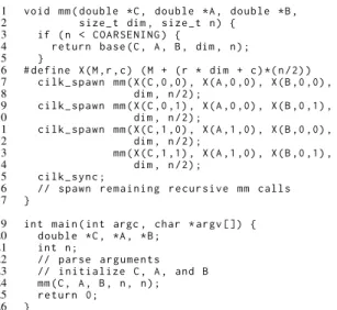 Figure 8: Cilk pseudocode for a divide-and-conquer parallel matrix- matrix-multiplication program