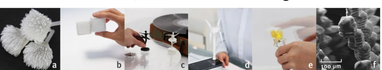 Figure 1. Printed Objects with Cilllia. (a) Printed Flowers with fine surface details; (b) Mechanical adhesion surface; (c) Passively  actuated dancing figures; (d) Ambient actuated object for notification; (d) Acoustic sensing of swiping gesture; (e) Scan