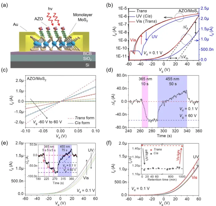 Figure 4. Electrical characteristics of AZO/MoS 2  hybrid devices. (a) Scheme of the hybrid FET  structure with the physisorption of AZO molecules on MoS 2  surface