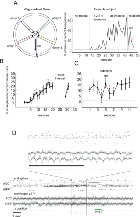 Figure 1. The sequential win-shift task (WWM) and neurophysiological data acquired (A) Left - Wagon wheel maze - each trial starts as the rat exits the CR area and progresses through the exit arm (“exit” - EA) until it reaches the outer circle, where it fa