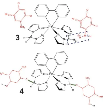 Figure 11.  The chemical structures of the two structural models we considered for two molecules of  2 (red) binding to molecule 1 (black); the 2 fragments are colored red, and the 1 fragment is colored  black