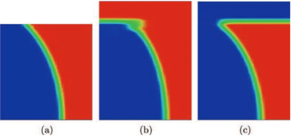 Fig. 2. Contact line visualization for different methods: (a) VOF method, (b) penalized VOF with a solid ¼ a gas , (c) penalized VOF with a solid ¼ a liquid .