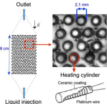 Figure 2 displays the heating configuration of the model porous  medium.  Initially,  the  test  section  is  saturated  by  the  liquid,  flowing  upward  at  a  flow  rate  fixed  by  a  gear  pump  (the  filtration velocity is 3.6 mm/s), while a constan