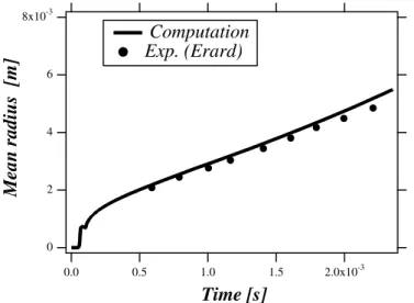 Fig. 4. Kernel radius as a function of time. Points: experimental results of Erard [63], line: calculation.