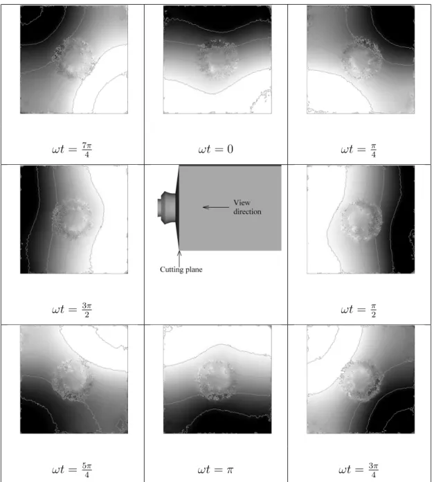 Fig. 14. Transverse structure of the high-frequency rotating mode in the reacting LES