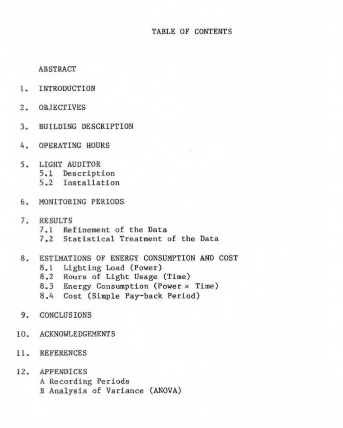 TABLE  OF  CONTENTS  ABSTRACT  1.  INTBODUCTI  ON  BUILDINI;  DESCRIPTION  OPERATING  HOURS  LIGHT  AUD1TO.R  5.1  Description  5.2  Installation  MONITORIWG  PERIODS  BESULT  S  7.1  Refinement  of  the  D a t a   7.2  S t a t i s t i c a l   Treatment  o