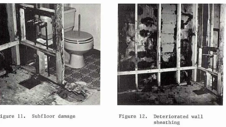 Figure  11.  S u b f l o o r   damage  Figure  12.  Deteriorated  wall  sheathing 