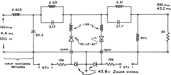 Fig.  XXIX-2.  Tripler  circuit.  (Values  of  the  components  are  in  pf,  ih,  and  ohms.) used  to  determine  the  input  matching  network  that  is  necessary  for  a  match  to the  502