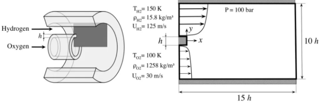Fig. 1 Representations of a) typical coaxial injector of a LRE and b) the two-dimensional computational domain.