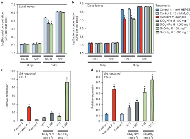 Fig. 6 | SiO 2  NPs induce disease resistance based on SA-dependent pathway. Experiments in Arabidopsis wild-type Col-0 and sid2