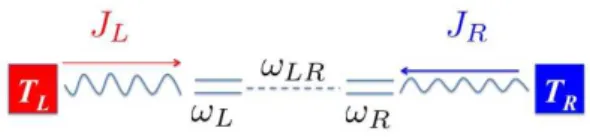 FIG. 1. Quantum thermal diode made up of 2 TLS coupled with each other and connected to a thermal bath.