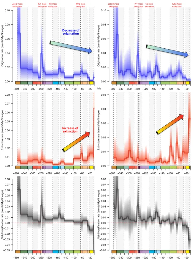 Fig. S2. Global diversification of conifers inferred from the fossil record. Rates of origination  (blue), extinction (red) and net diversification rates (black; the difference between origination  and  extinction)  inferred  from  a  fossil-based  analysi
