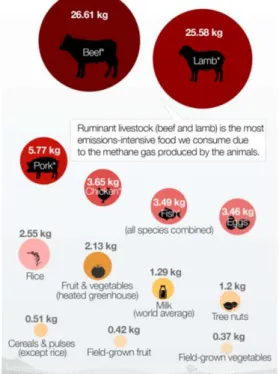 Figure 2 – Carbon footprint of foods, amount of greenhouse gases in  fresh foods, in kilograms CO 2 -eq per kilogram of food 