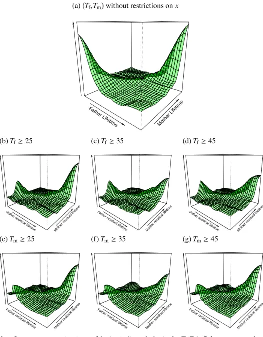 Figure 3. Nonparametric estimate of the copula density for (T f , T m ), given some restrictions on x.