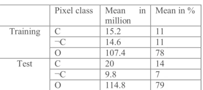 Table 1. Report on the average number (in million and  percentage) of pixels of each class in the training and test 