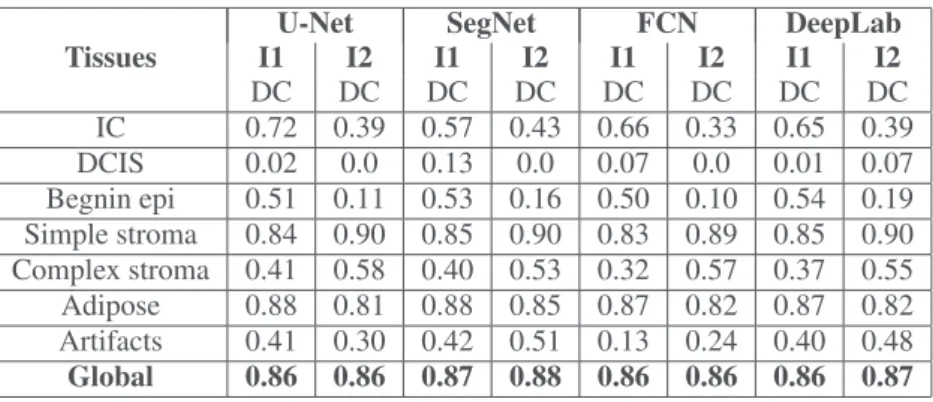 Table 3: Dice Coefficicent(DC) evaluation per tissue for 2 test images (I1 &amp; I2) with 9 training images using four different segmentation neural networks.