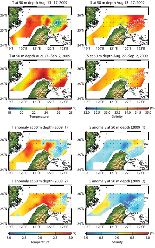 figure 1. plan views of the temperature and salinity fields from two broad-scale surveys from  r/Vs Ocean Researcher 2 and Ocean Researcher 3