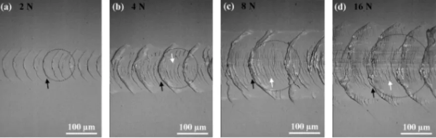Figure 5: Optical top views of multiple Hertzian cracks in the Si 3 N 4 monolayer coated glass after scratching by a spherical steel indenter