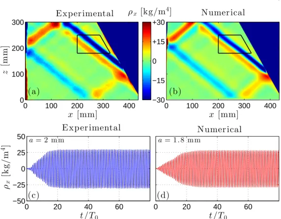 Figure 2. Experimental (a) and numerical (b) snapshots of the horizontal density gradient at t = 50 T 0 