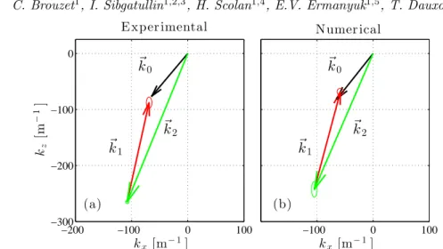 Figure 5. Experimental (a) and numerical (b) triads. The three wave vectors are measured from the phase of the waves after Hilbert filtering around ω 0 , ω 1 and ω 2 