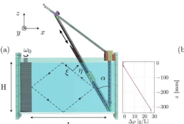 Figure 1. (a): Experimental set-up. A sloping wall is inserted inside a tank of size L × W × H = 800 × 170 × 425 mm 3 