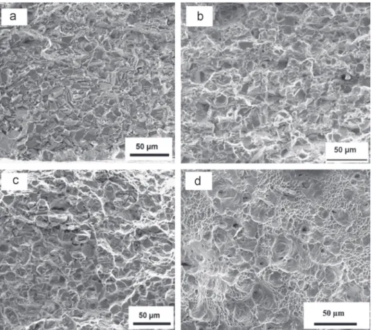 Fig. 9. Fracture surfaces observations made by SEM of hydrogen precharged HT metallurgical state at (a) 25 1C, (b) 80 1C, (c) 150 1C and (d) 320 1C (5 ! 10 &#34;4 s &#34;1 ).