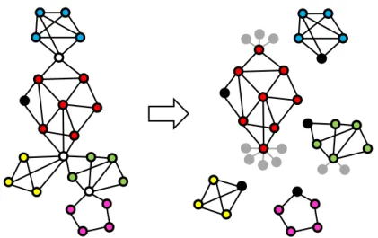Fig. 3. Decomposition of graph into biconnected components. Each biconnected component is marked with different color, with cut nodes marked white and seed nodes marked black