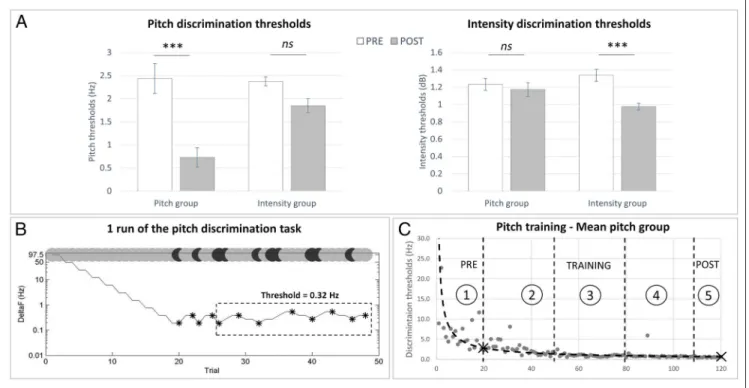 Figure 3. Psychoacoustics. (A) Pre- and posttraining thresholds in the pitch and intensity discrimination tasks
