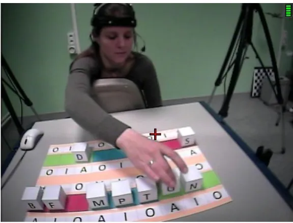 Figure  1  -  One  subject’s  view  recorded  by  a  head  mounted  scene  camera.  This  subject’s  roll  is  informant: she sees the labels on the cubes and tells the position of the requested cube