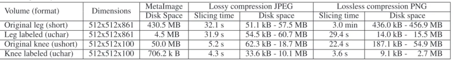 Table 2: Volume slicing results : total slice generation time (on a 2.27GHz quad-core test server) and disk usage, for each image format (JPEG and PNG) and for a total slicing according three orthogonal orientations