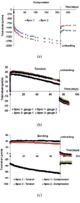 Figure 8: Total strains in compression at 50% of fc (a), in tension at 50% of ft (b), and in  bending at 50% of ft (c) 