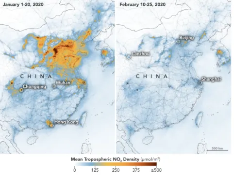 Figure 1 : Concentration de dioxyde d’azote en Chine sur les périodes du 1 au 20  janvier puis 10 au 25 février 2020 