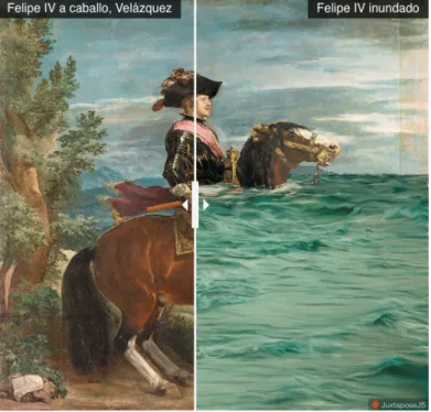 Figure 3 : La toile de Diego Velázquez Philippe IV à cheval (1634-1635) revisitée par  le Musée du Prado et le WWF pour sensibiliser au réchauffement climatique 