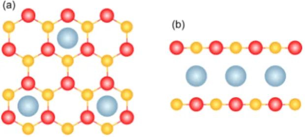 FIG. 1. (a) Top view and (b) side view of the three layered structure Li(BN) 8 . The boron, nitrogen, and lithium atoms are  repre-sented by the colors red, yellow, and blue, respectively