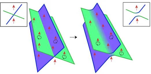 Figure 1. Given two surfaces S (1) , S (2) transverse to a vector field X, one consider the link Γ = ∂S (1) ∪∂S (2) and blows up each of its components
