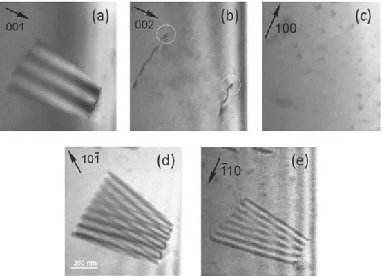 Fig. 2. Bright-ﬁeld images of a planar fault in a FeAlNiB alloy corresponding to various diffraction vectors.