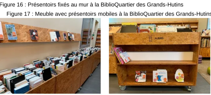 Figure 16 : Présentoirs fixés au mur à la BiblioQuartier des Grands-Hutins 