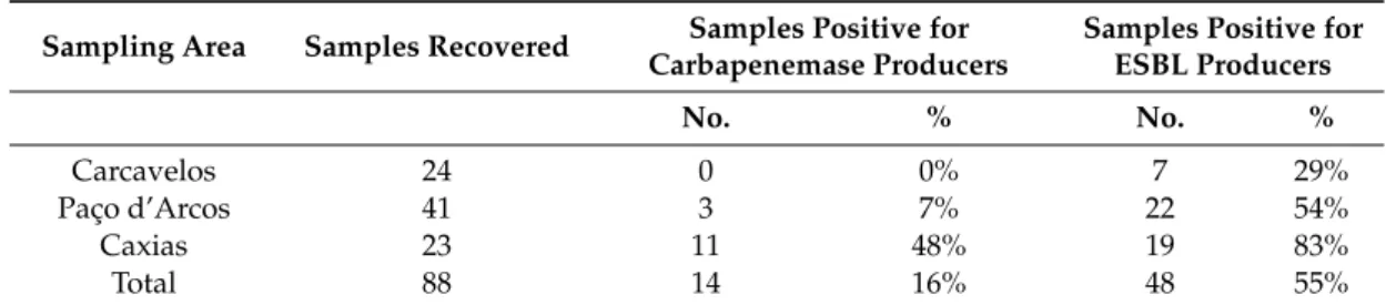 Table 1. Samples recovered, and samples in which carbapenemase or ESBL producers were recovered.