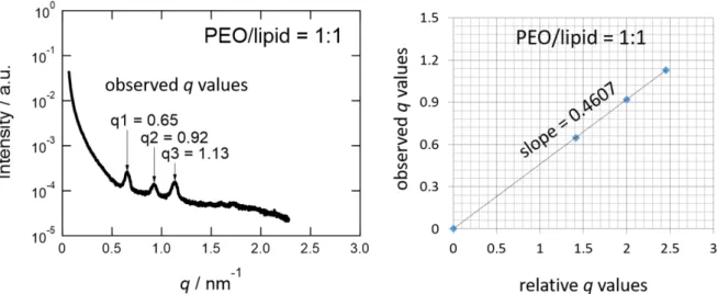 Figure S1. The scattering profile of a cubosome-polymer mixture in solution (left). The linear  correlation between experimental and theoretical peak positions (right) used for calculation of  lattice parameter