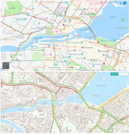 Figure 5 : Comparaison affichage du trafic Google Maps / Infomobilité 