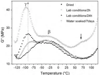 Figure 4. G 00 versus temperature at 1 rad s 21 for annealed PEKK 60/40 samples, with v 5 25%, equilibrated in different humidity content environments.